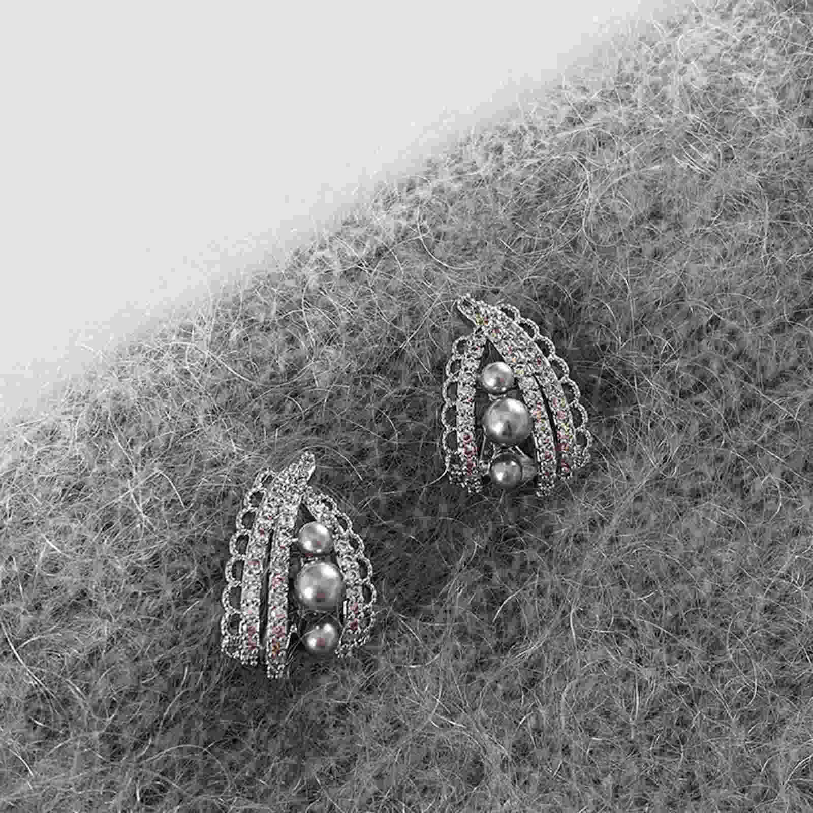 Elegant Lace Hoop Earrings White and Gray Pearl Earring Hoops with Silver Pin