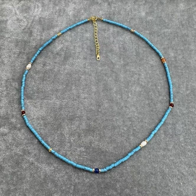 Turquoise Necklace Pearl and Natural Stone Necklace Luxury Blue Turquoise Chain 18 inch