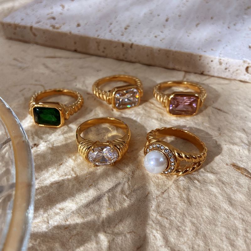 Zircon Rings Pearl and Natural Stone Ring 14K Gold Plated
