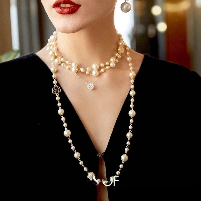 2 Strands Dress Chain Sweater Chain Long Pearl and Clover Necklace