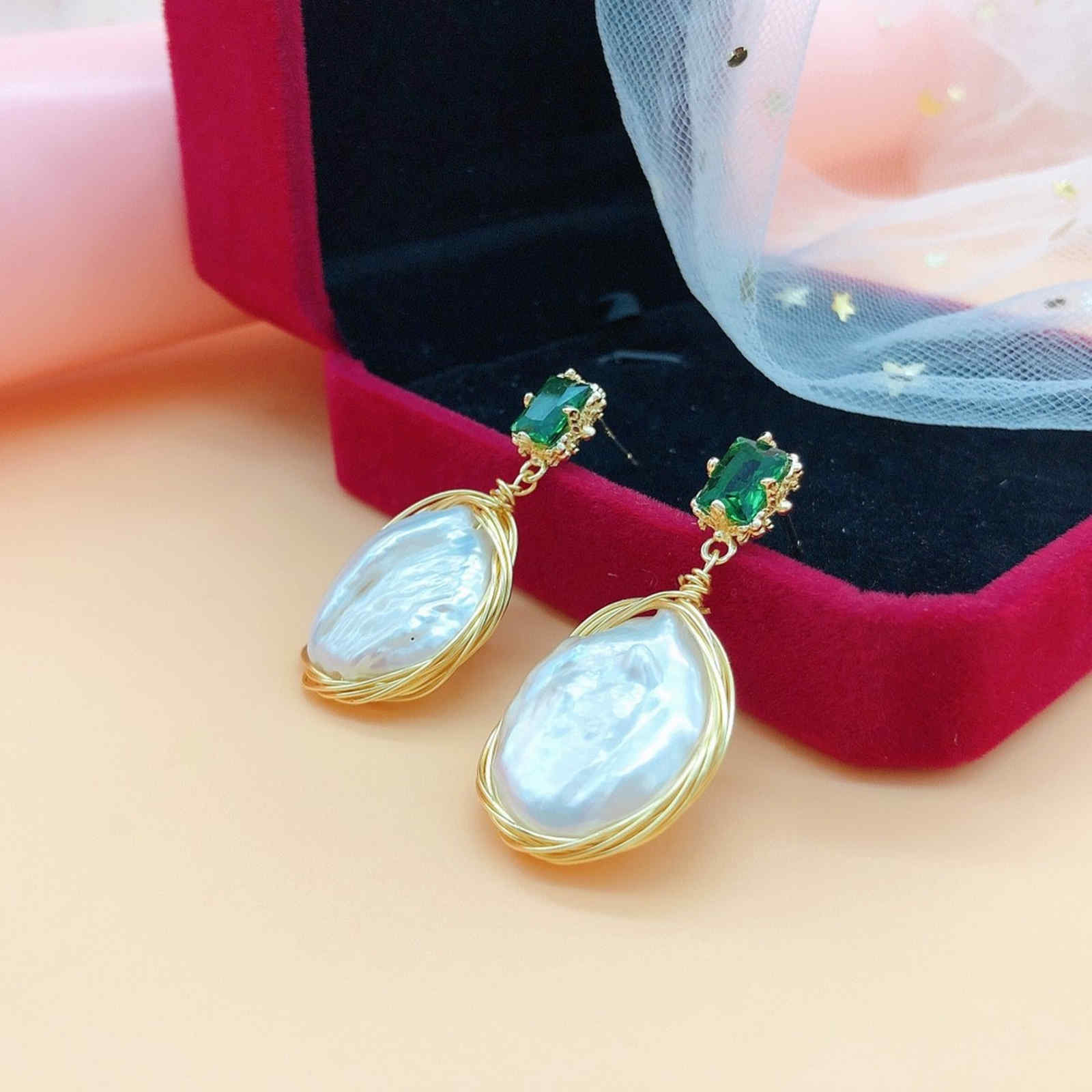Pendientes colgantes de perlas barrocas auténticas, pendientes de perlas grandes AAA de alto brillo de 12mm con ágata verde y Pin de plata S925