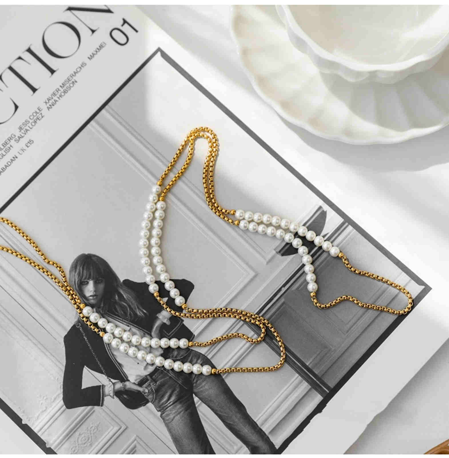 18K Gold Plated Long Shell Pearl Necklace Elegant Pearl Necklace 110cm Length Chain