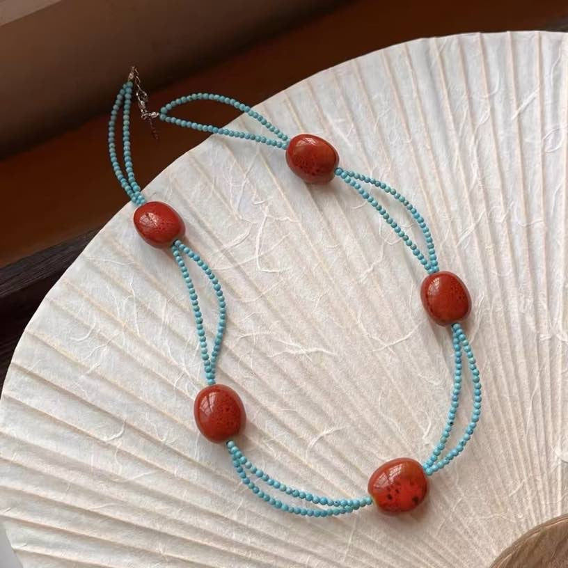 Multi Strand Turquoise Necklace Designed Natural Red Stone with Turquoise 2 Strands Chain 18 inch