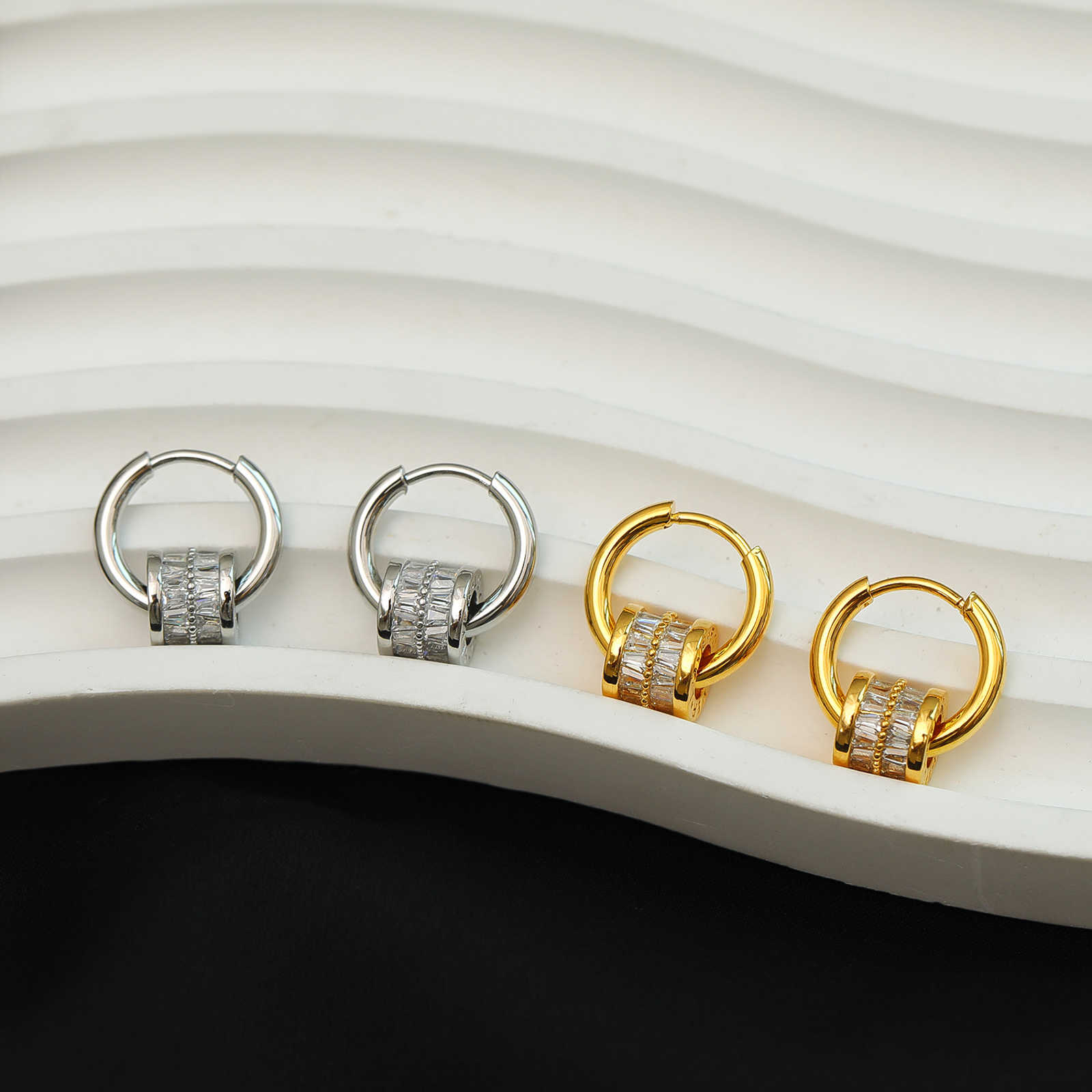 Small Chunky Hoop Earrings with Gold and Silver with Crystal Halo Hoop Drop Earrings S925 Silver Clasp