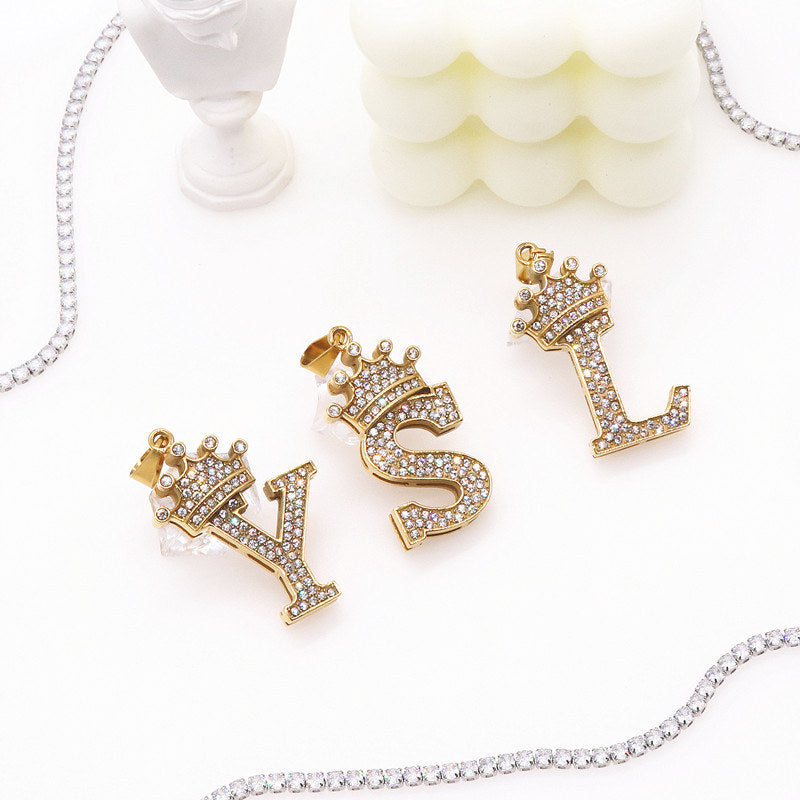 Alphabet Pendant Necklaces With Free Gold Chain Crystal Zircon Crown Initial Letter Necklace