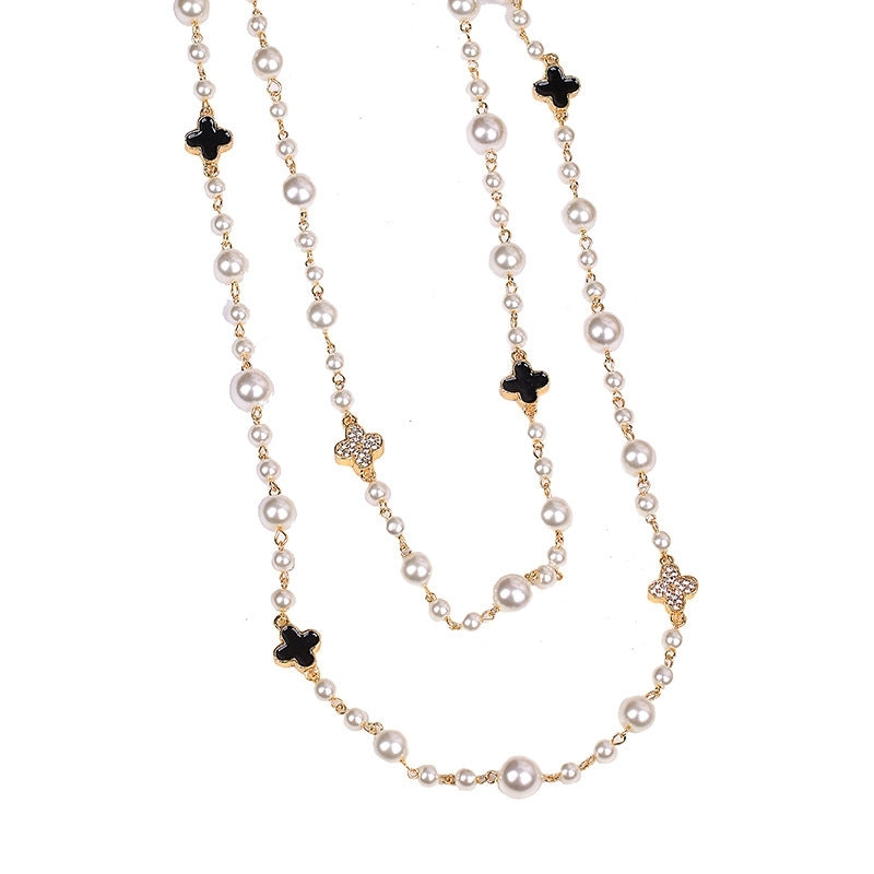 2 Strands Dress Chain Sweater Chain Long Pearl and Clover Necklace