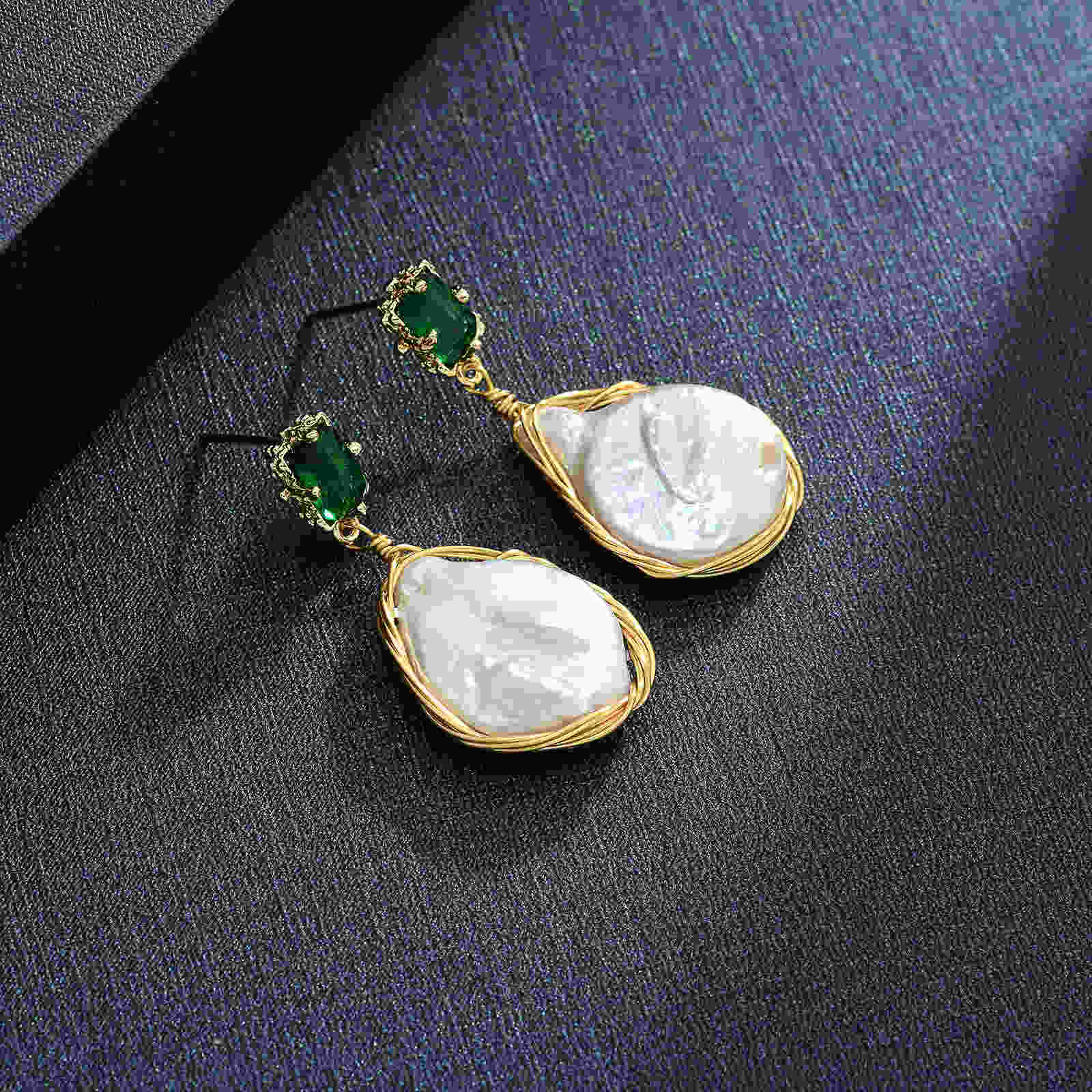 Pendientes colgantes de perlas barrocas auténticas, pendientes de perlas grandes AAA de alto brillo de 12mm con ágata verde y Pin de plata S925