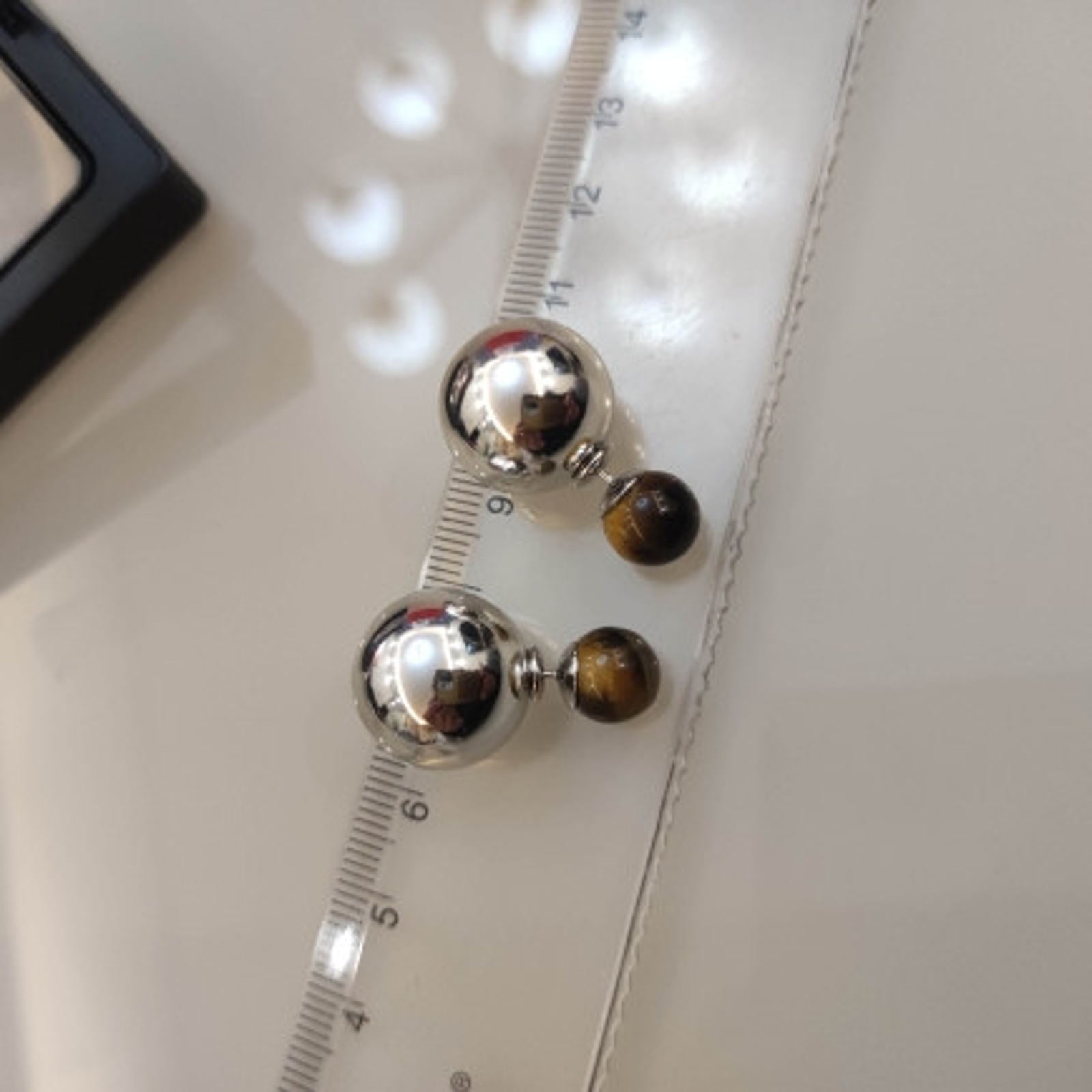 Silver Metal Stud Double Ball Earrings Tiger Eye Stone Earrings with S925 Silver Pin