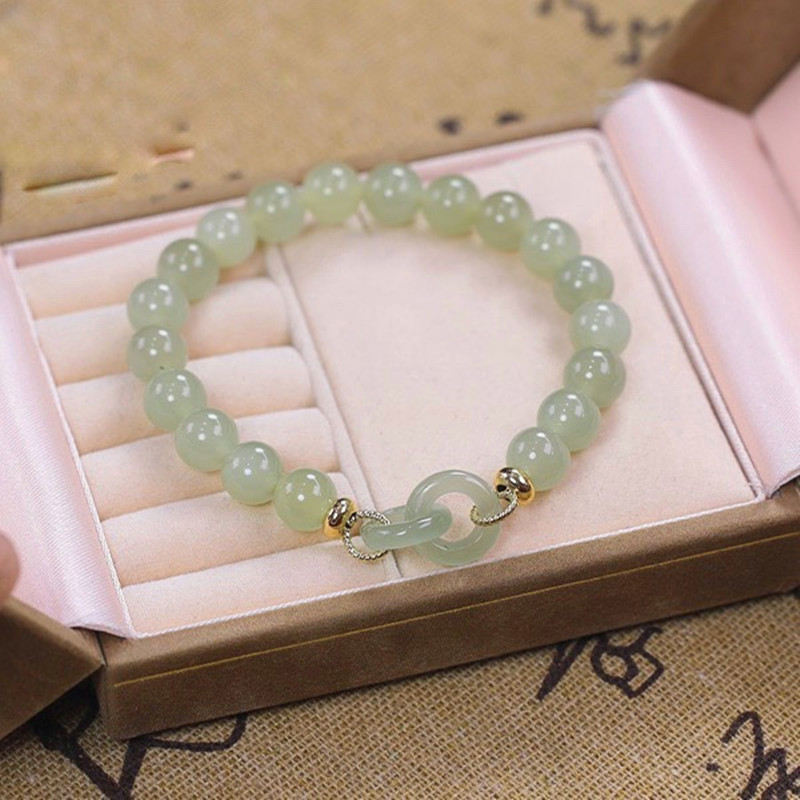 Green Jade Nephrite Bracelet | Round Pingan Clasp Nephrite Bracelet | Elastic Rope Jade Bracelet for Women