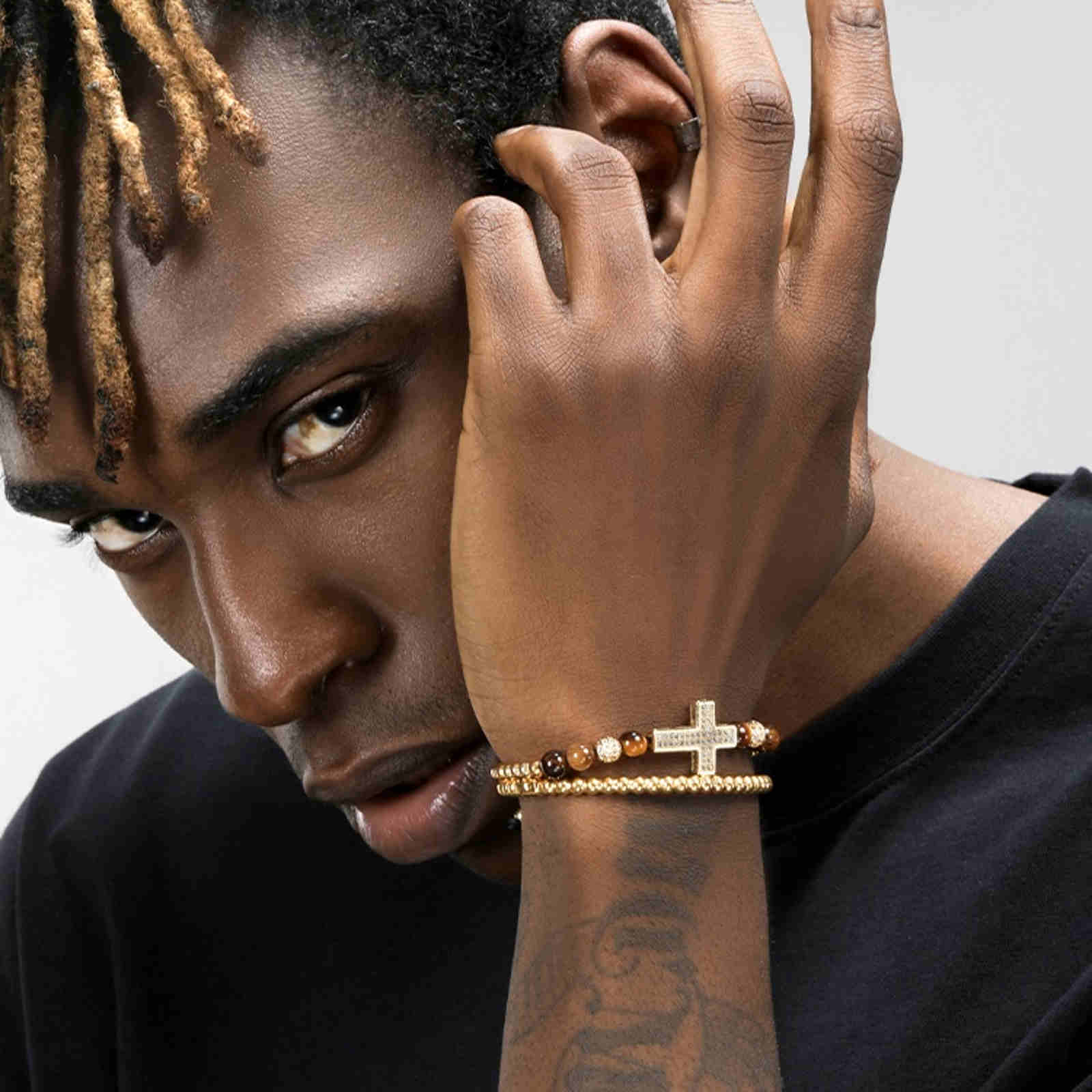 Hip-Hop Zircon Bracelet Tiger Eye Stone Bracelets Zircon Cross Bracelet