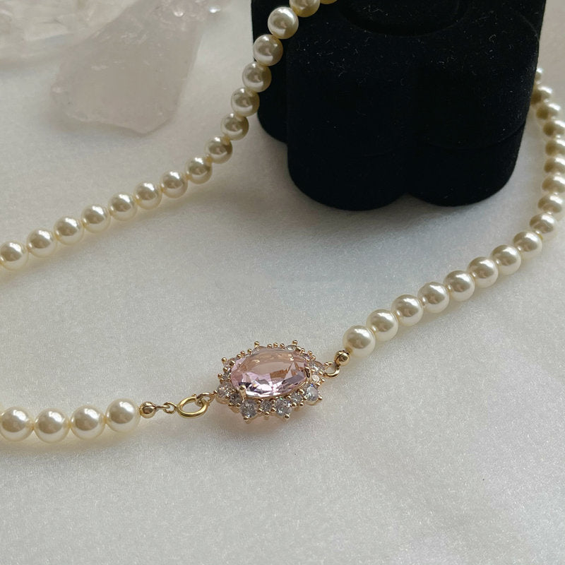 6MM Pearl Necklace | Crystal Pendant Pearl Chain | 14K Gold Shining Pearl Wedding Necklace