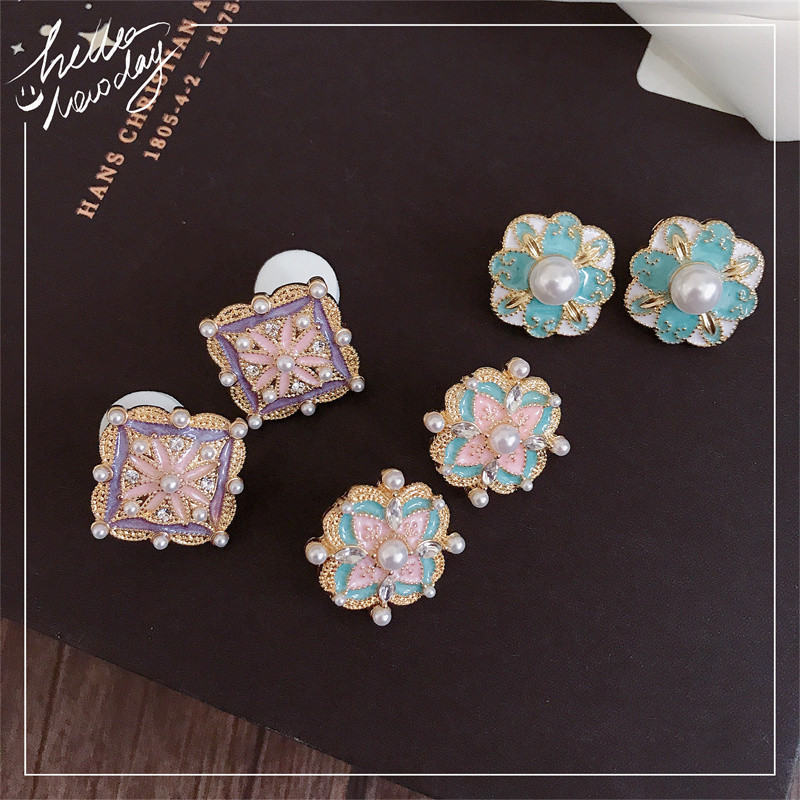 Flower Pearl Earrings Crystal Studs Colorful Earrings Stud with S925 Silver Pin