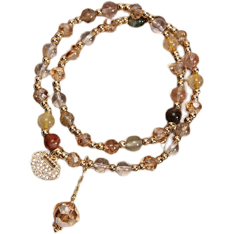 Multistrands Crystal Bracelet | Stacked Color Crystal Bracelet | Simple Longevity Lock Charm Strawberry Crystal Garnet Beaded Bracelet