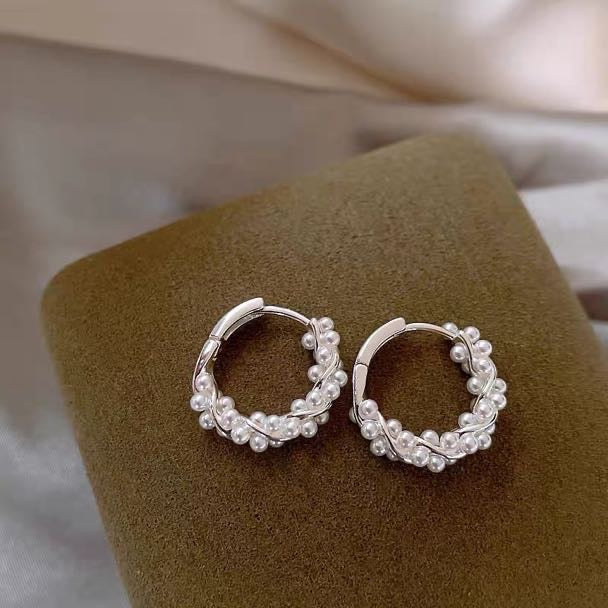 Pendientes de aro de perlas retorcidas | Pendientes de aro de perlas con alfileres de plata de ley para mujer