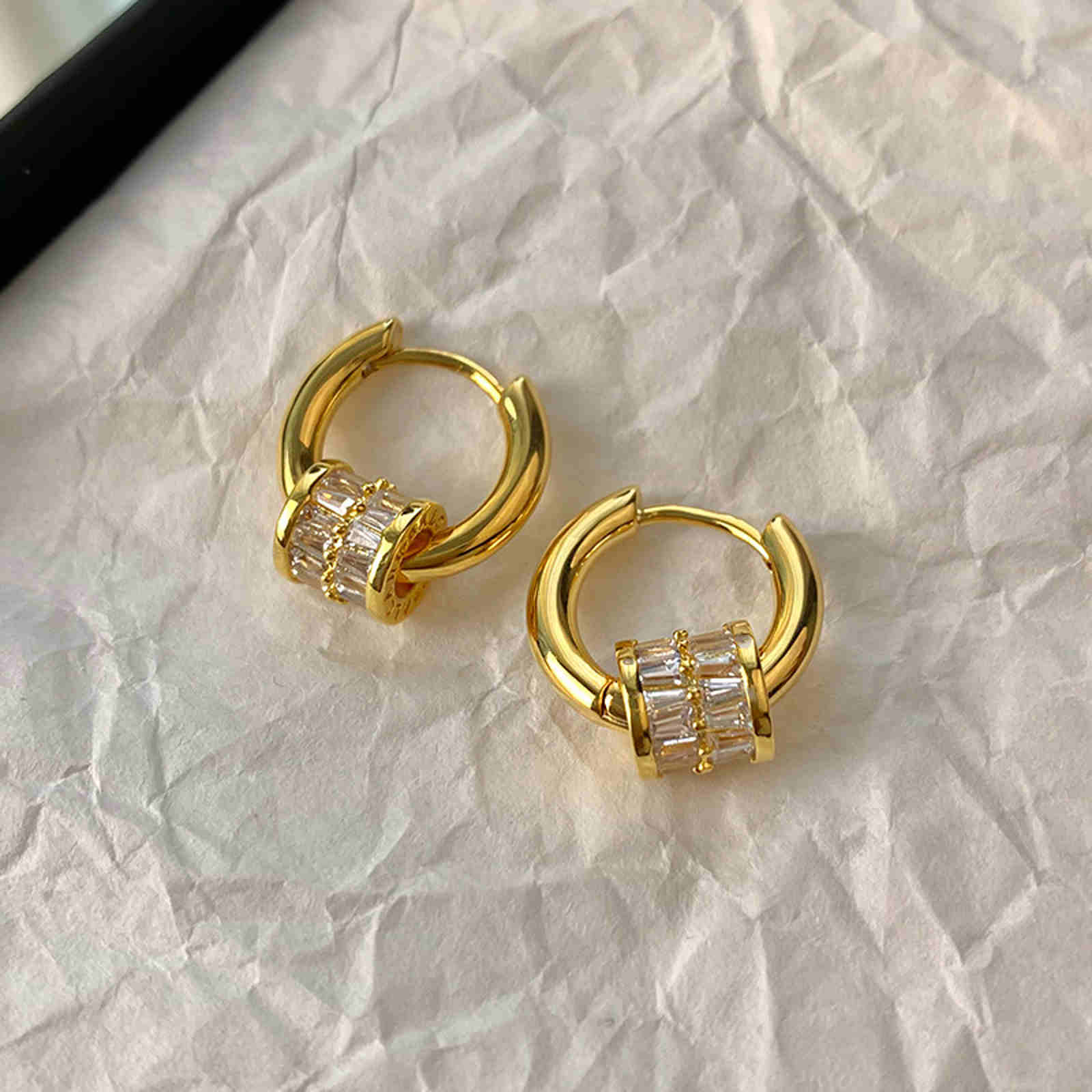 Small Chunky Hoop Earrings with Gold and Silver with Crystal Halo Hoop Drop Earrings S925 Silver Clasp