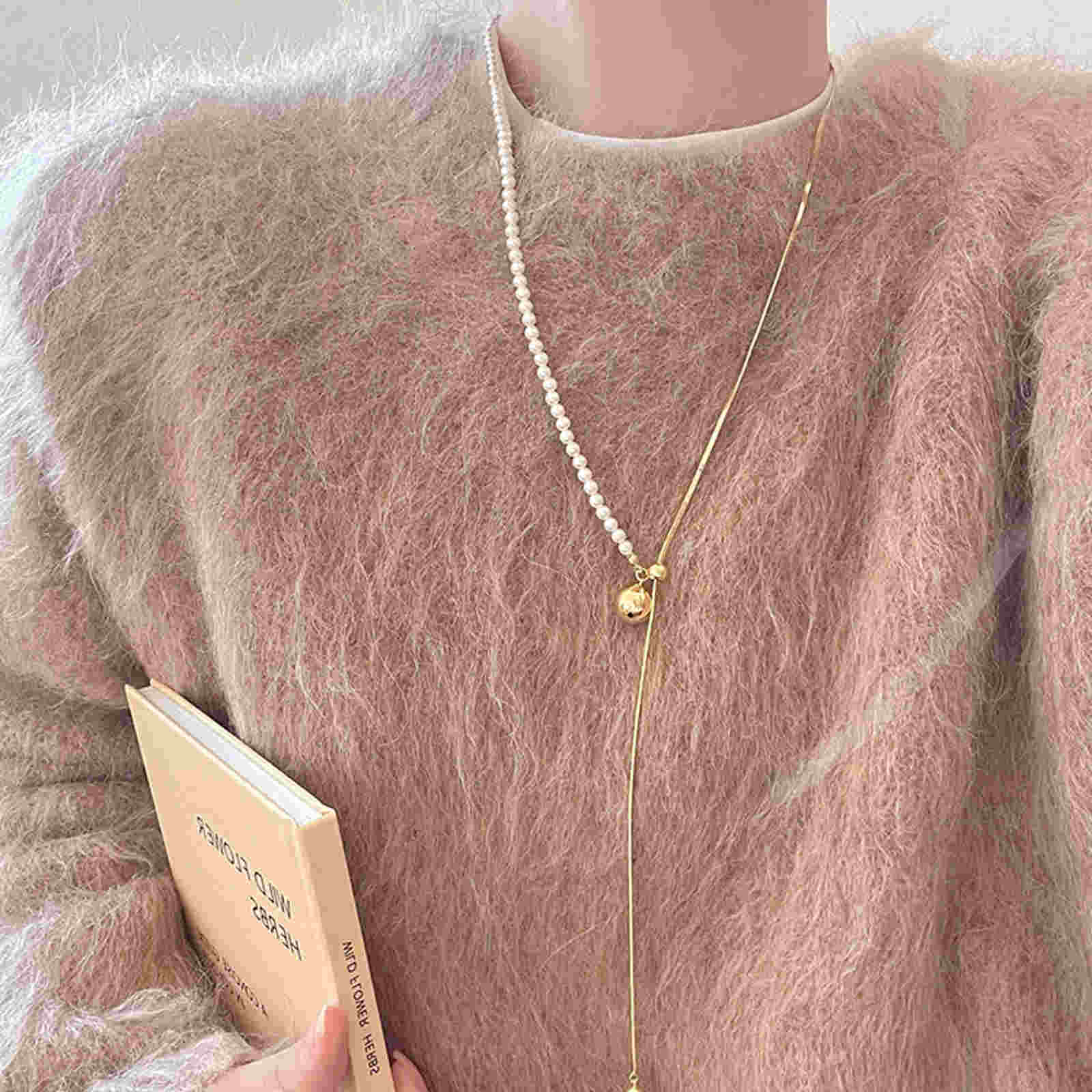 New Pearl Sweater Chain Long Free Adjust Gold and Silver Drop Necklace