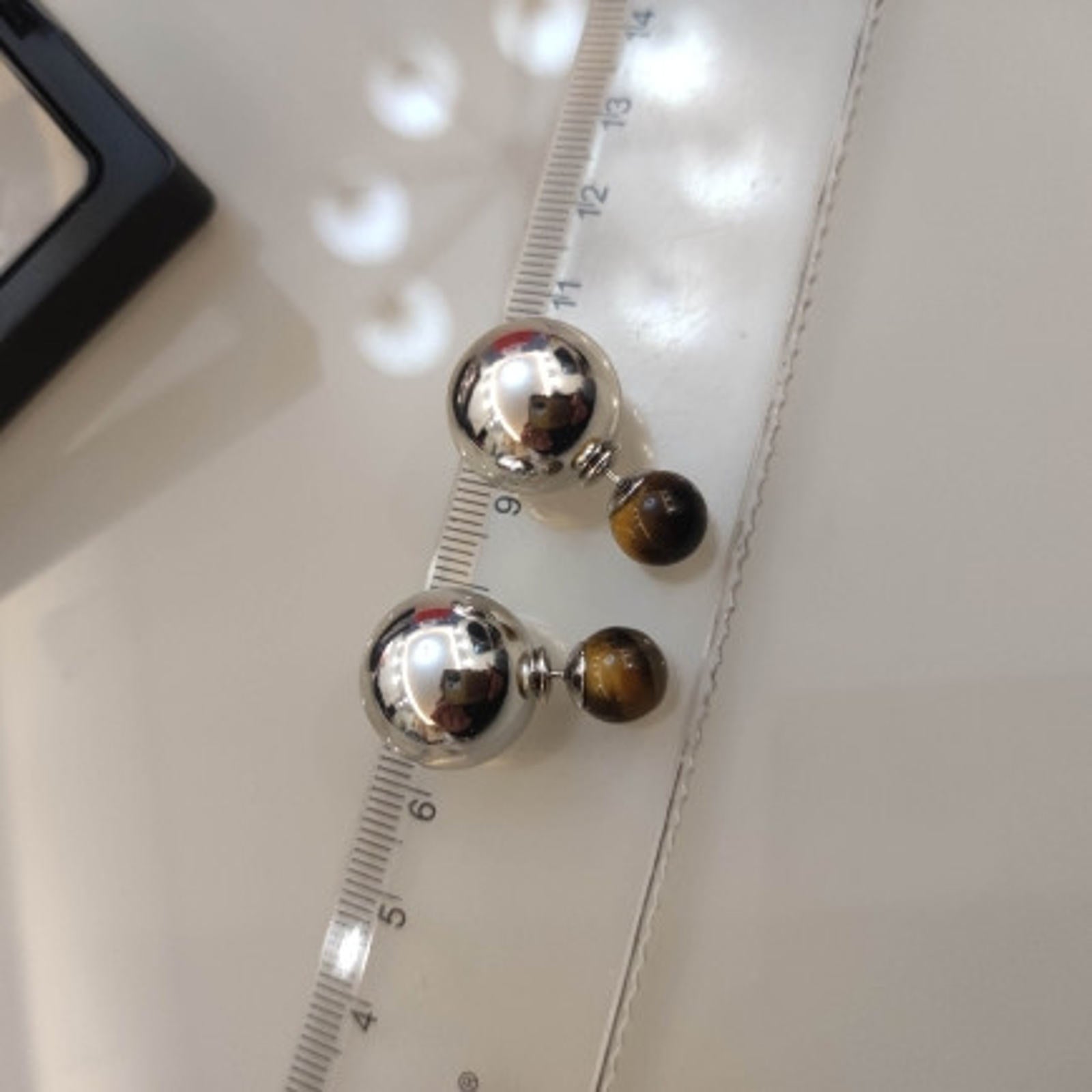 Silver Metal Stud Double Ball Earrings Tiger Eye Stone Earrings with S925 Silver Pin