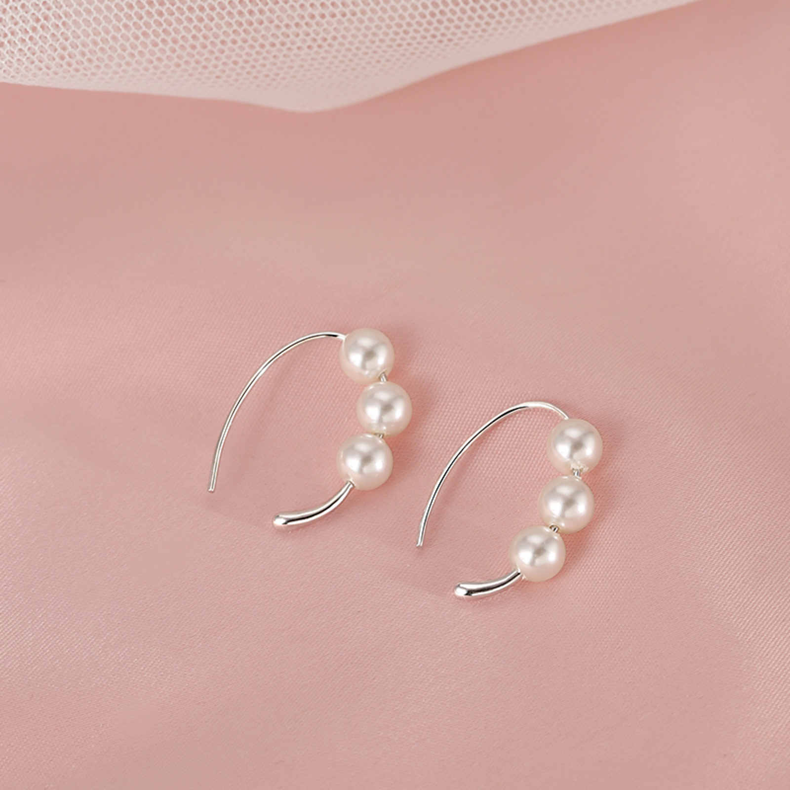 Sterling Silver Earrings Elegant 3 Pearl Drop Hoop Earrings S925 Silver
