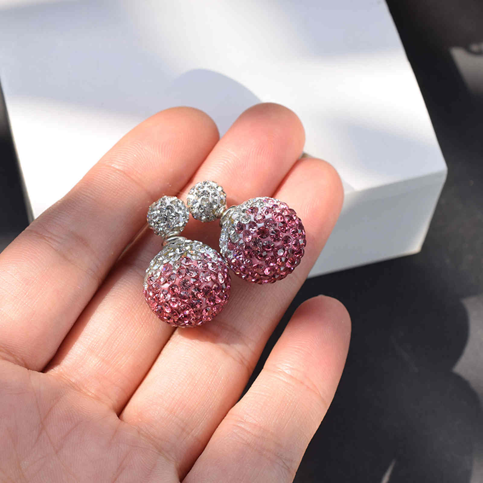 Double Sided Earring Studs Bling Crystal Ball Zircon Stud Gradient Color Earrings with S925 Silver Pin