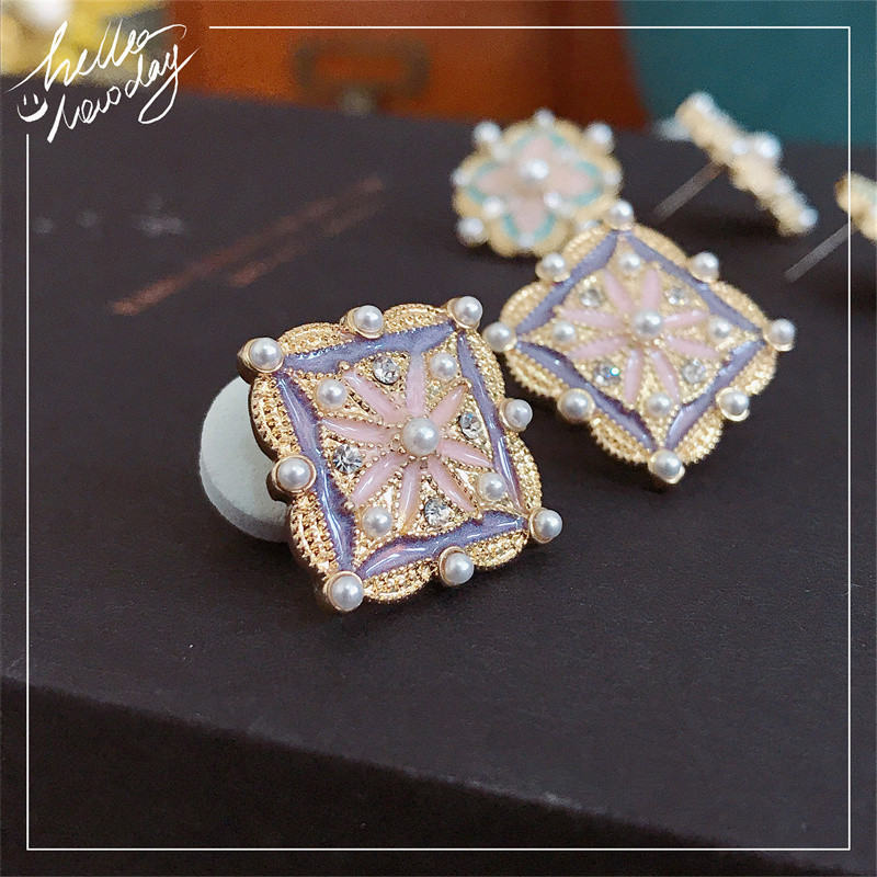 Flower Pearl Earrings Crystal Studs Colorful Earrings Stud with S925 Silver Pin