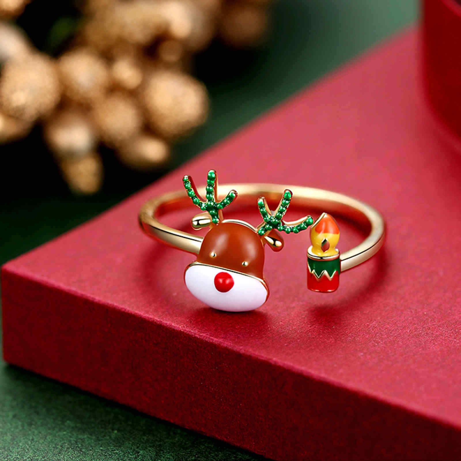Designed Christmas Rings Red Bowknot Deer Xmas Tree Gold and Silver Rings Adjustable