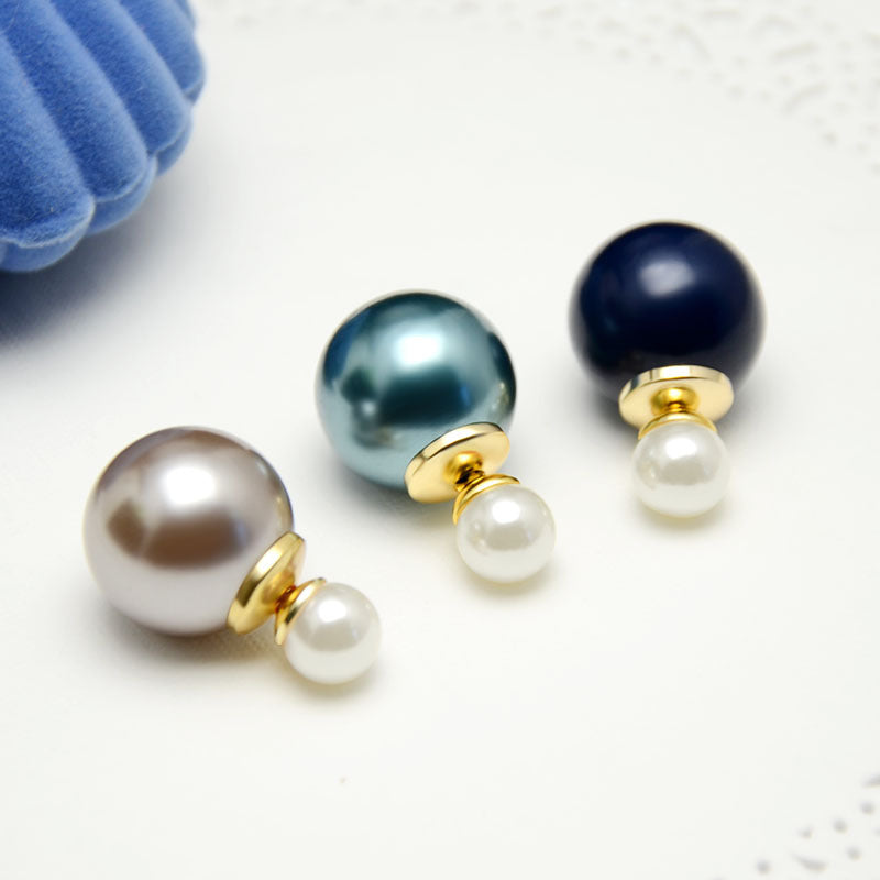 Elegant 2-Sided Round Pearl Earrings with S925 Silver Pin 8mm and 14mm