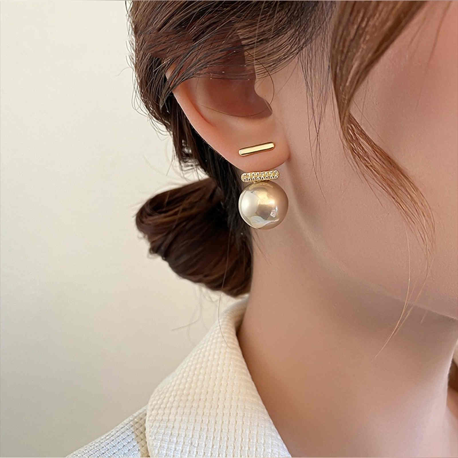 14mm Pearl Earring Jackets Gold Stud with Pearl Drop Earrings 3 Color Available
