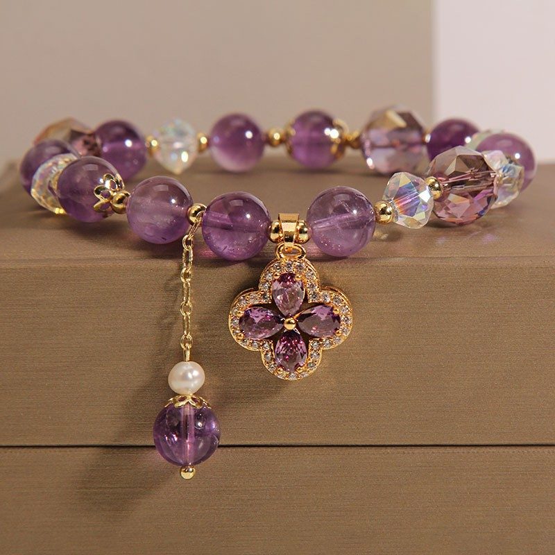 Natural Crystal Purple Phantom Bracelet | Natural Amethyst Bracelet | Purple Round Bead Adjustable for 4 Shape Choice