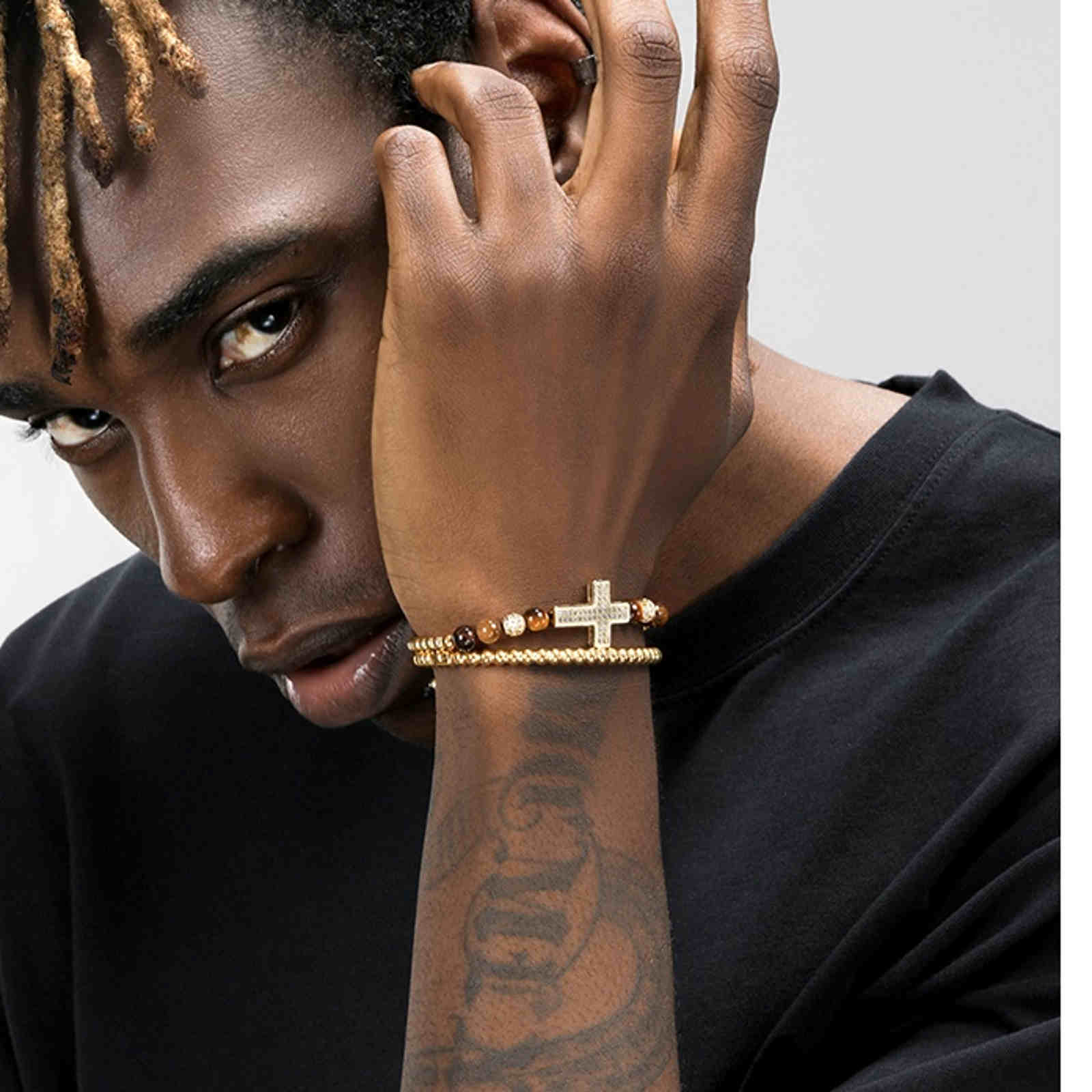 Hip-Hop Zircon Bracelet Tiger Eye Stone Bracelets Zircon Cross Bracelet