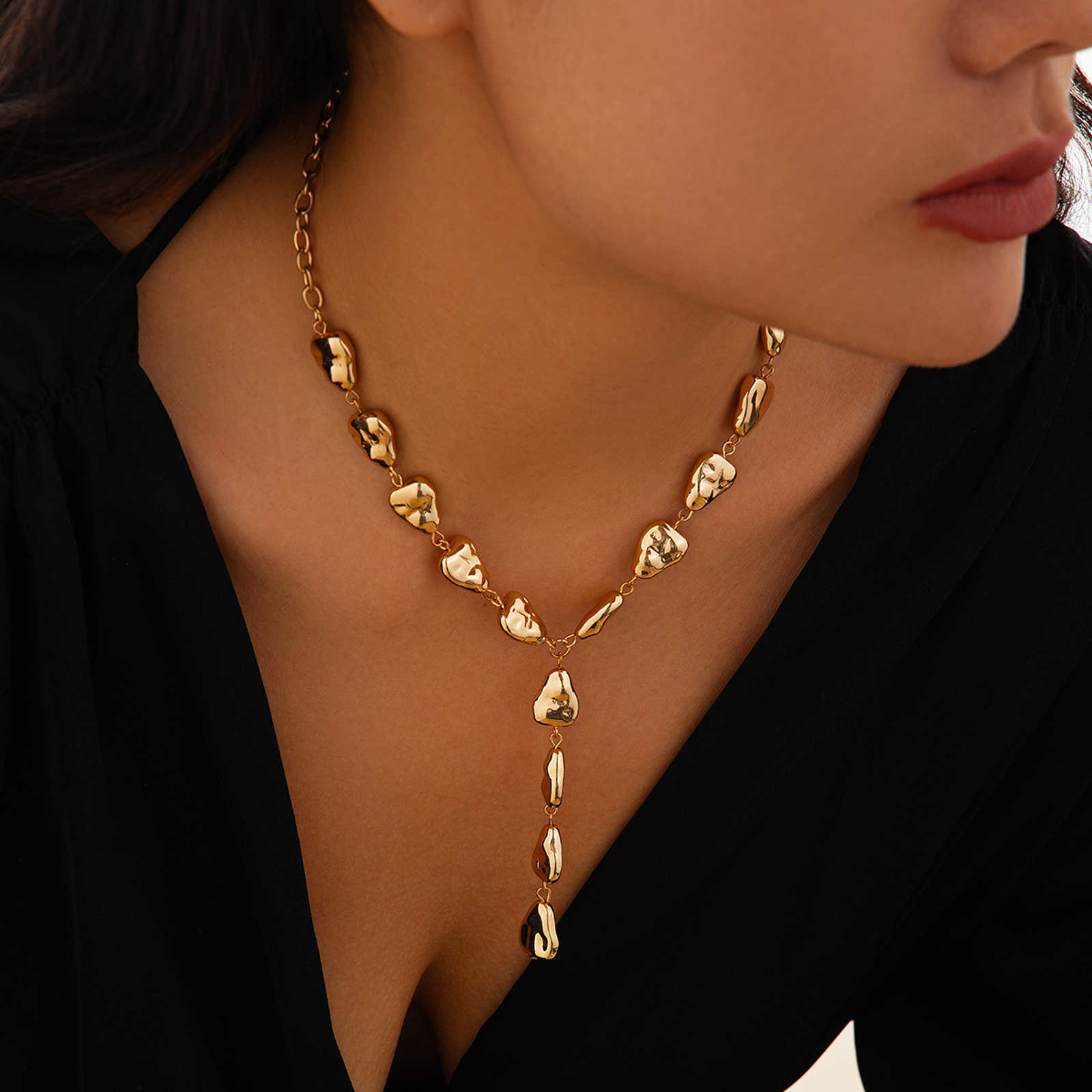 Gold and Silver Long Necklace Chain Baroque Stone Style Bead Chain Necklace