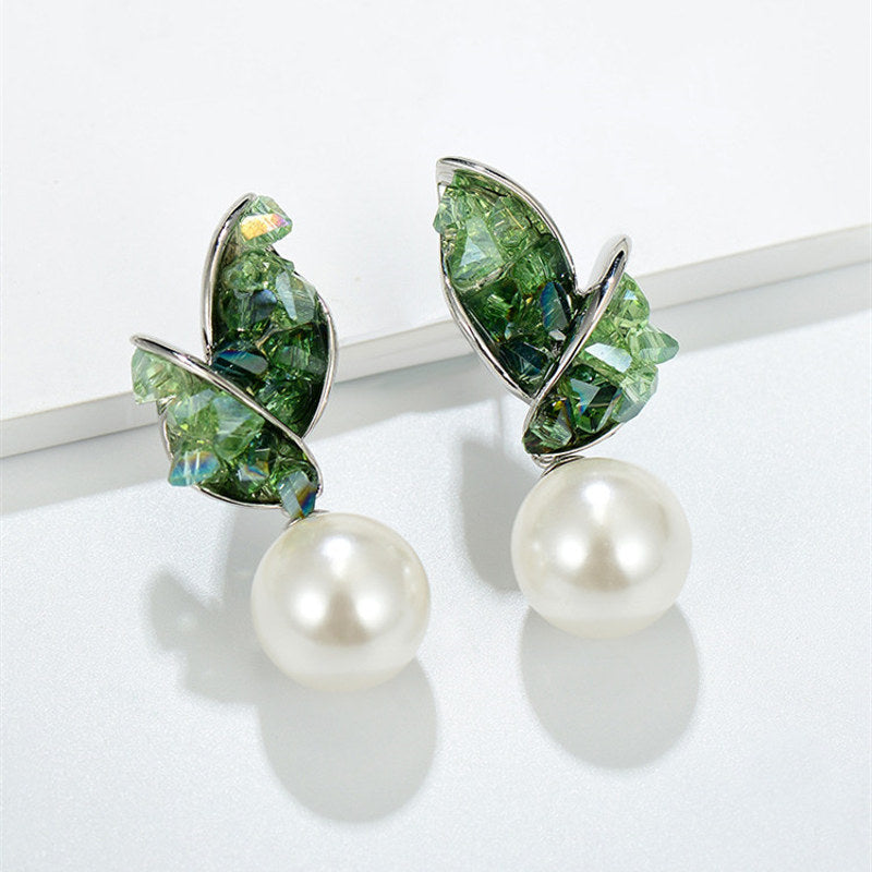 15MM Large Pearl Earrings Green Orange Crystal Leaf Shaped Earrings with S925 Silver Pins