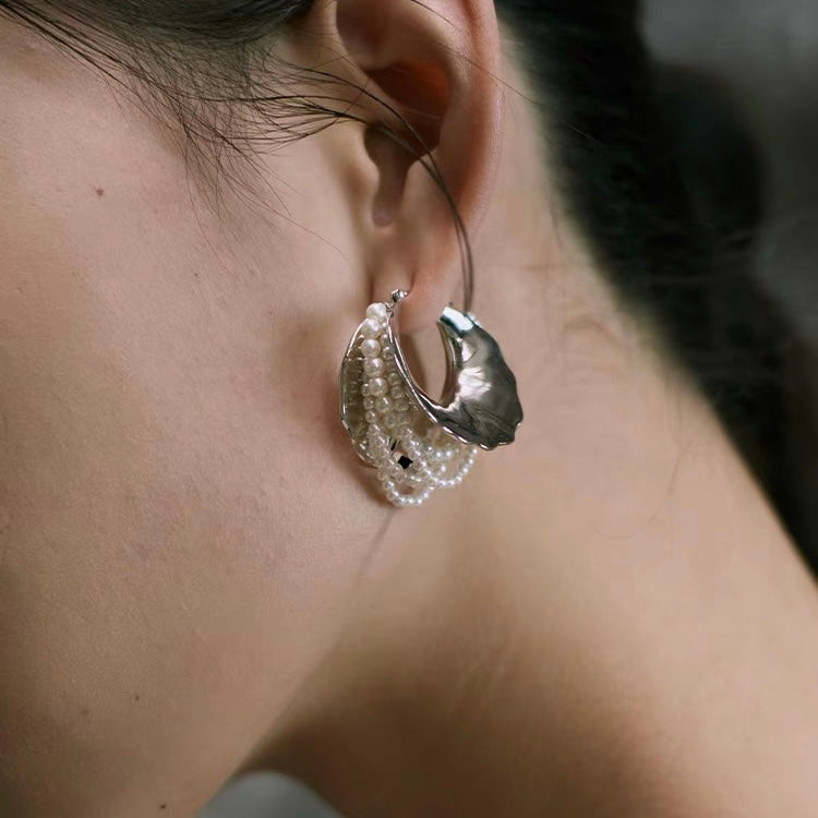 Super Big Hoop Earrings with Pearls Silver Chunky Huggie Designed Earrings