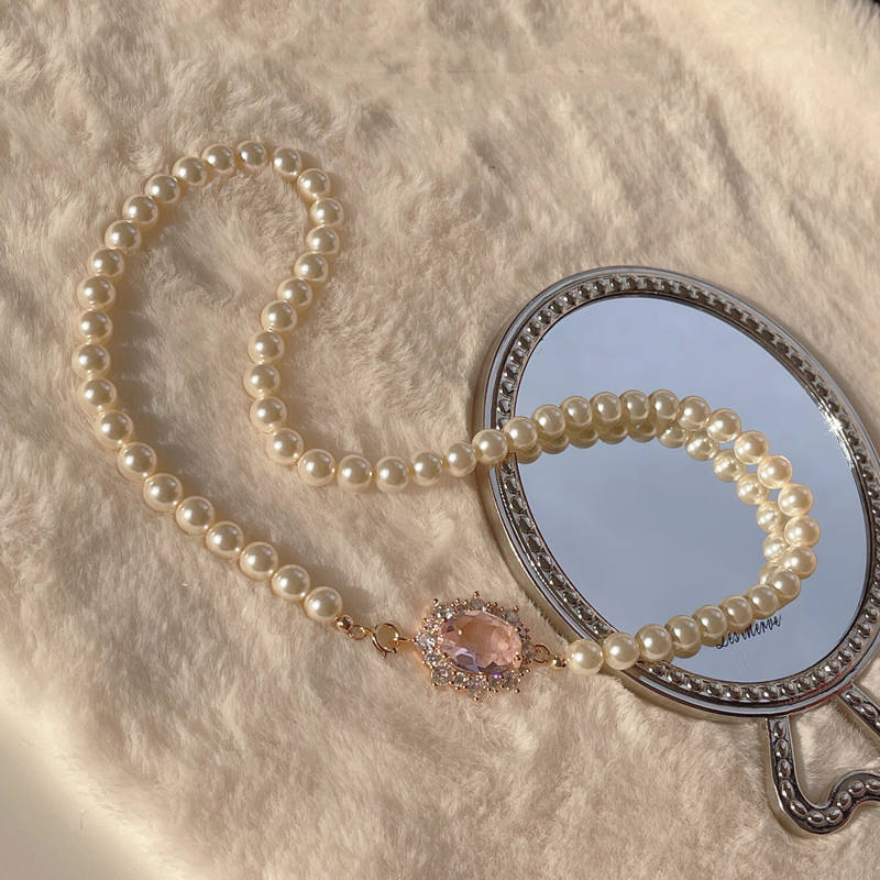 6MM Pearl Necklace | Crystal Pendant Pearl Chain | 14K Gold Shining Pearl Wedding Necklace