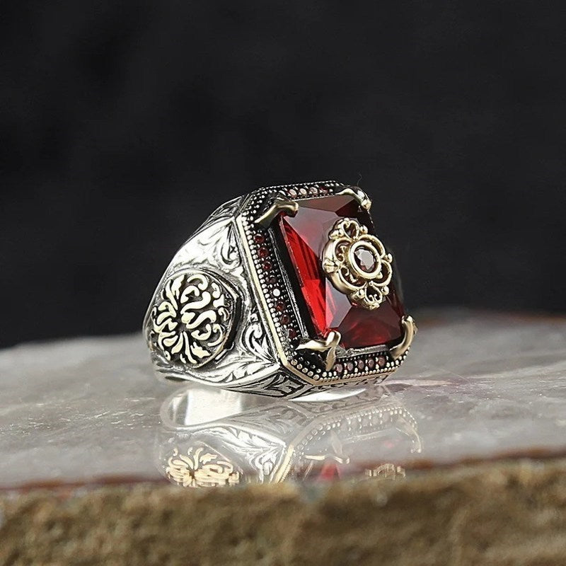 Shield Ring for Men Colored Stone Classic Ring Ancient Silver Style