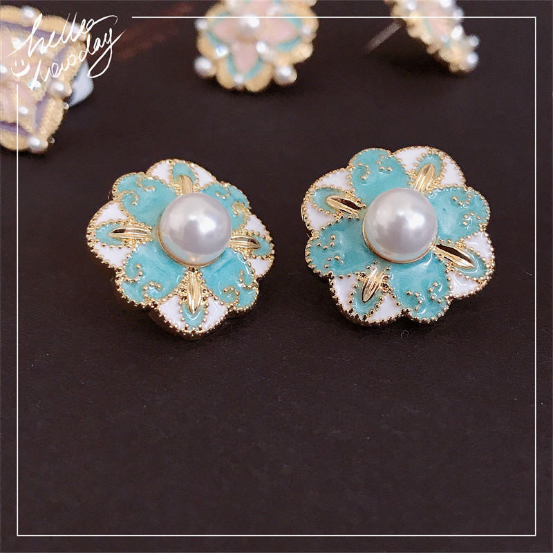 Flower Pearl Earrings Crystal Studs Colorful Earrings Stud with S925 Silver Pin