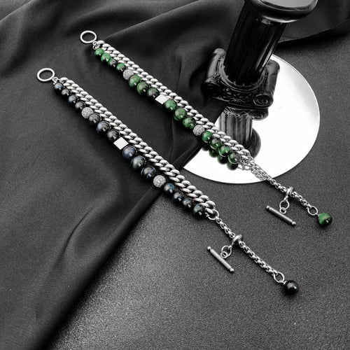 8MM Green Bracelet | Hip Hop Tiger Eye Bracelet | Adjustable Cuban Chain Double Stack Bracelet