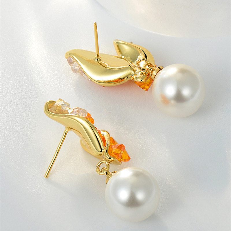 15MM Large Pearl Earrings Green Orange Crystal Leaf Shaped Earrings with S925 Silver Pins