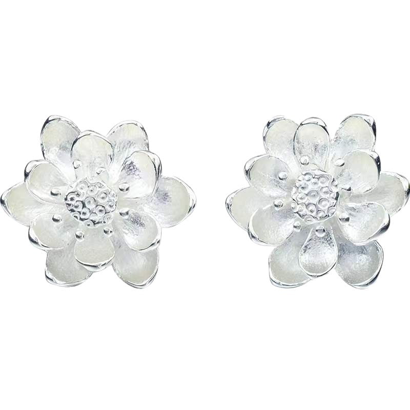 Pure Sterling Silver Lotus Stud Earrings Elegant Solid 999 Silver Stud