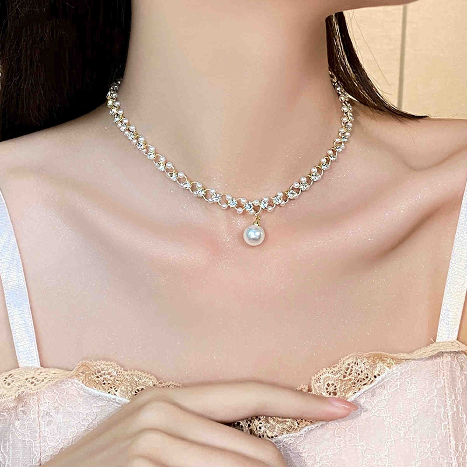 Sweet Pearl Chocker Petite MlutiStrand Pearl Chain and Pearl Drop Necklace 40cm