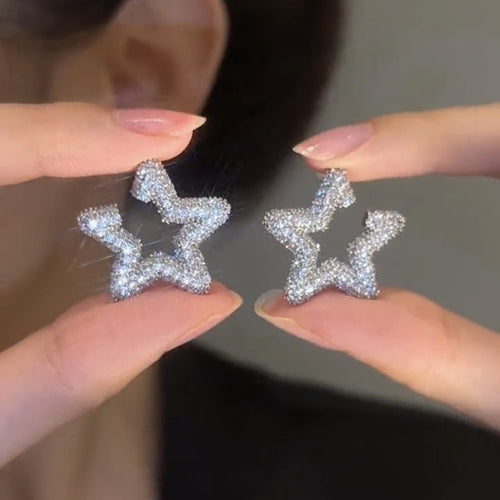 Full Diamond Star Shape Earrings Silver Shining Star Stud Earrings