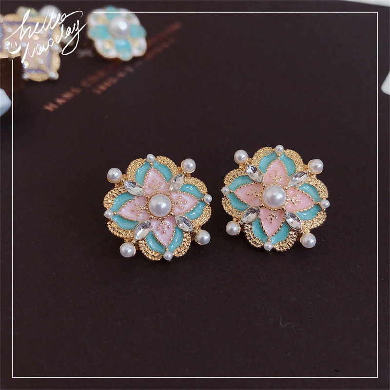 Flower Pearl Earrings Crystal Studs Colorful Earrings Stud with S925 Silver Pin