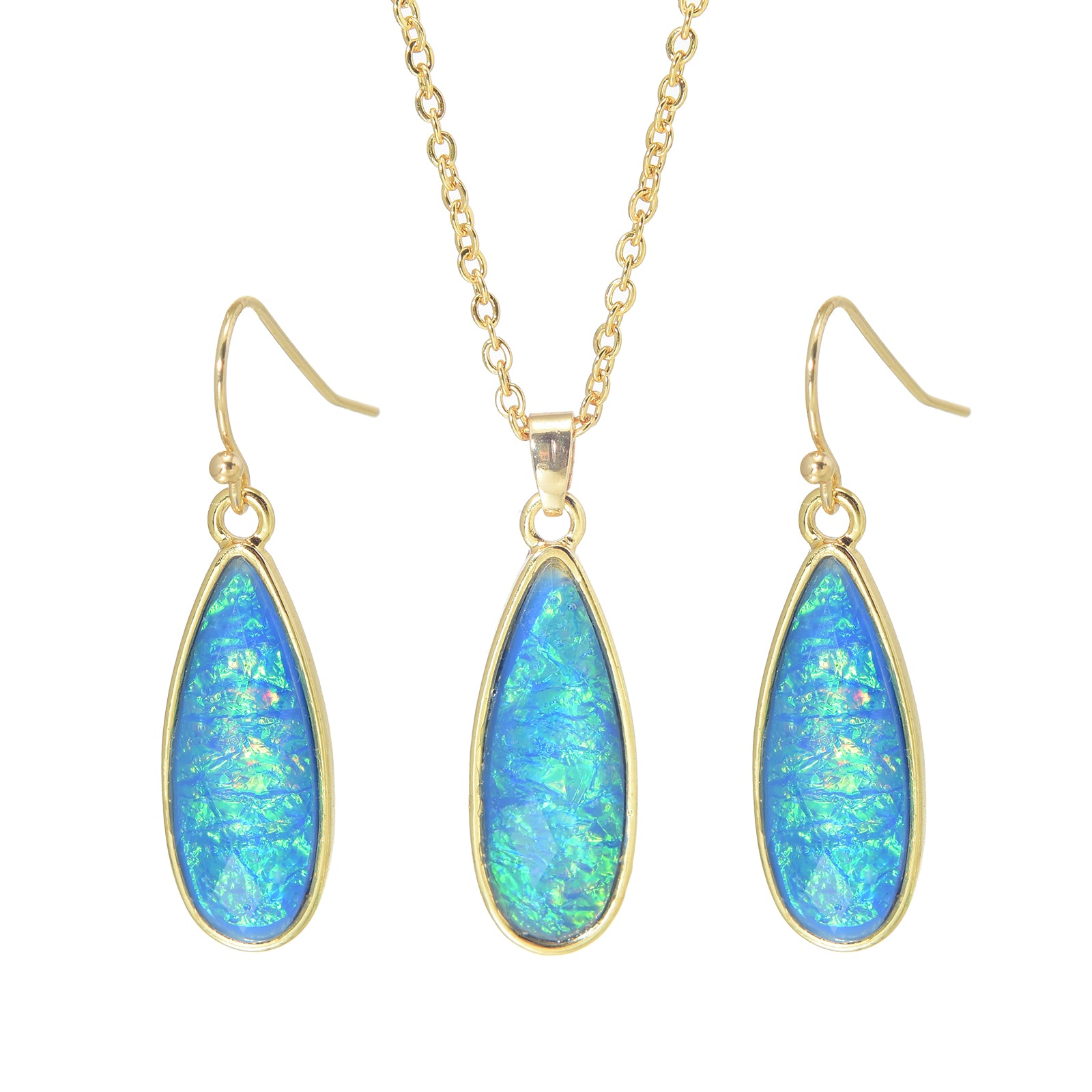 Opal Jewelry Set Oil Paint Vibe Earrings and Necklace Set Gold Chain with Blue and Green Opal Pendant