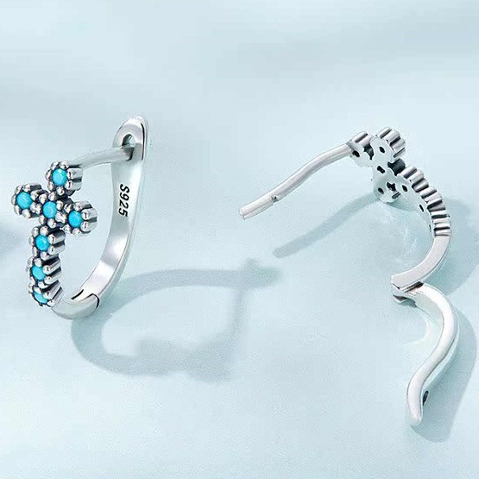 Silver Turquoise Earrings Blue Cross Style Earrings English Lock Earring Hoop