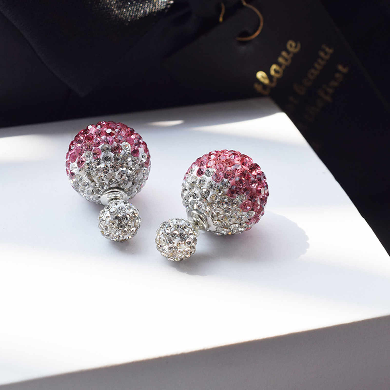 Double Sided Earring Studs Bling Crystal Ball Zircon Stud Gradient Color Earrings with S925 Silver Pin