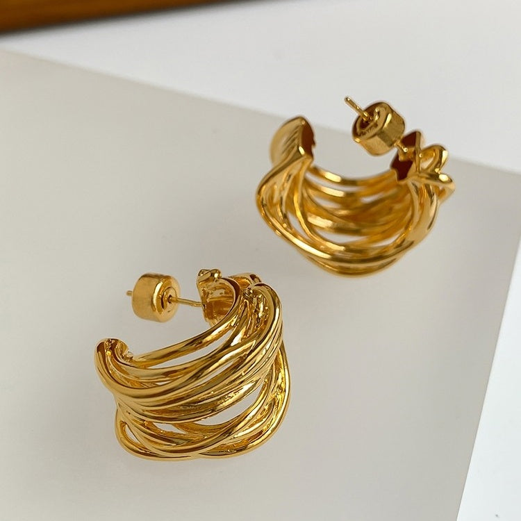 Pendientes de aro grandes con garra elegante, pendientes gruesos trenzados de oro y plata con alfileres de plata S925