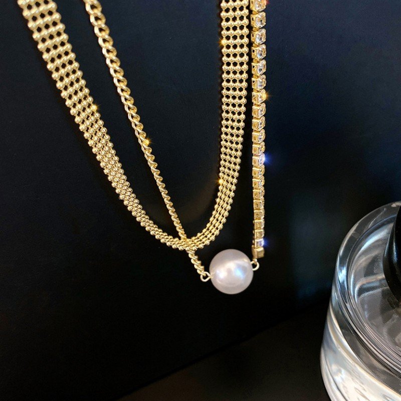 【Crazy Deal】13MM Pearl Pendant Necklace | Gold Double Chain Clavicle Chain | Crystal Chain and 14K Gold Plated
