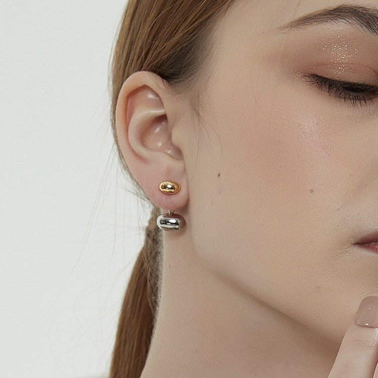 Chaquetas con pendientes de frijol dorado y plateado Pendientes colgantes delanteros y traseros con vibración metálica con pin de plata S925