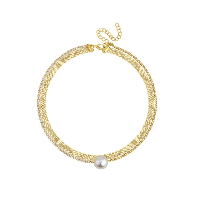 【Crazy Deal】13MM Pearl Pendant Necklace | Gold Double Chain Clavicle Chain | Crystal Chain and 14K Gold Plated