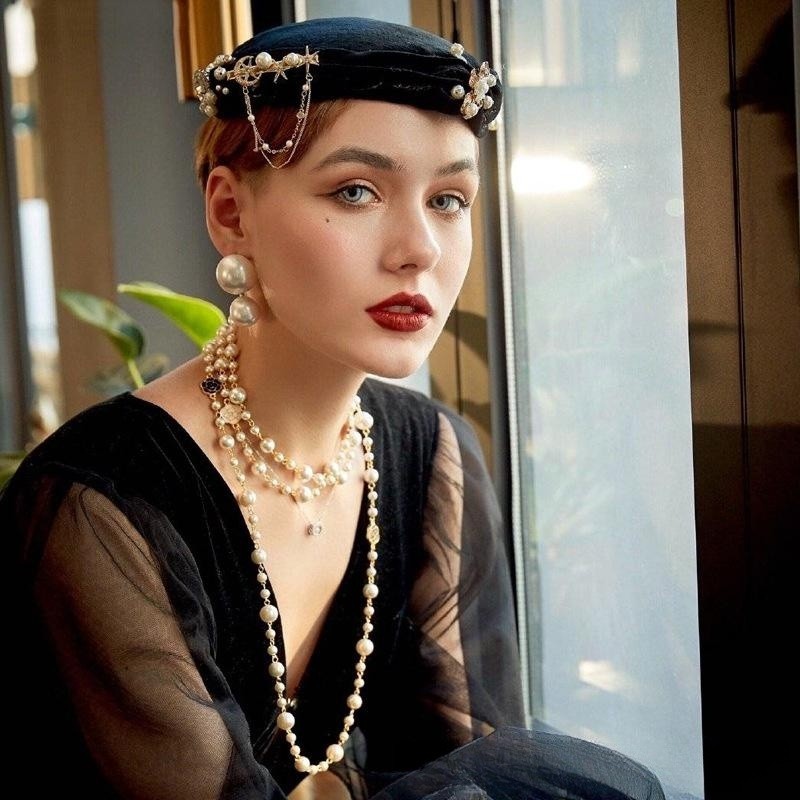 2 Strands Dress Chain Sweater Chain Long Pearl and Clover Necklace