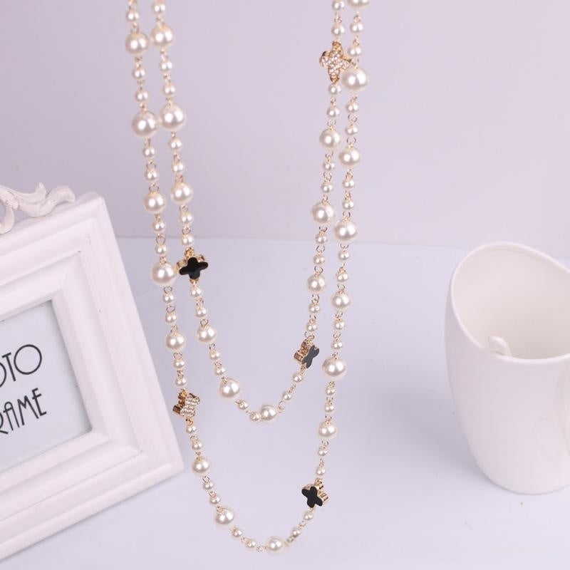 2 Strands Dress Chain Sweater Chain Long Pearl and Clover Necklace